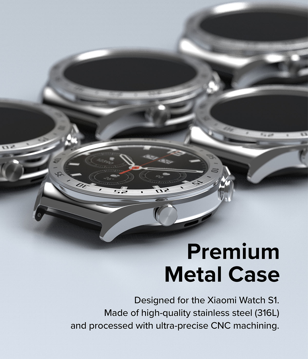 Xiaomi Watch S1 (46mm) 46-01 (ST) Silver - Multiple polished stainless steel watch cases arranged on a light surface.