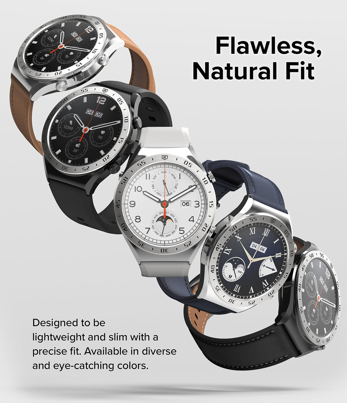 Xiaomi Watch S1 (46mm) 46-01 (ST) Silver - Five Xiaomi Watch S1 smartwatches with various straps and faces arranged diagonally.
