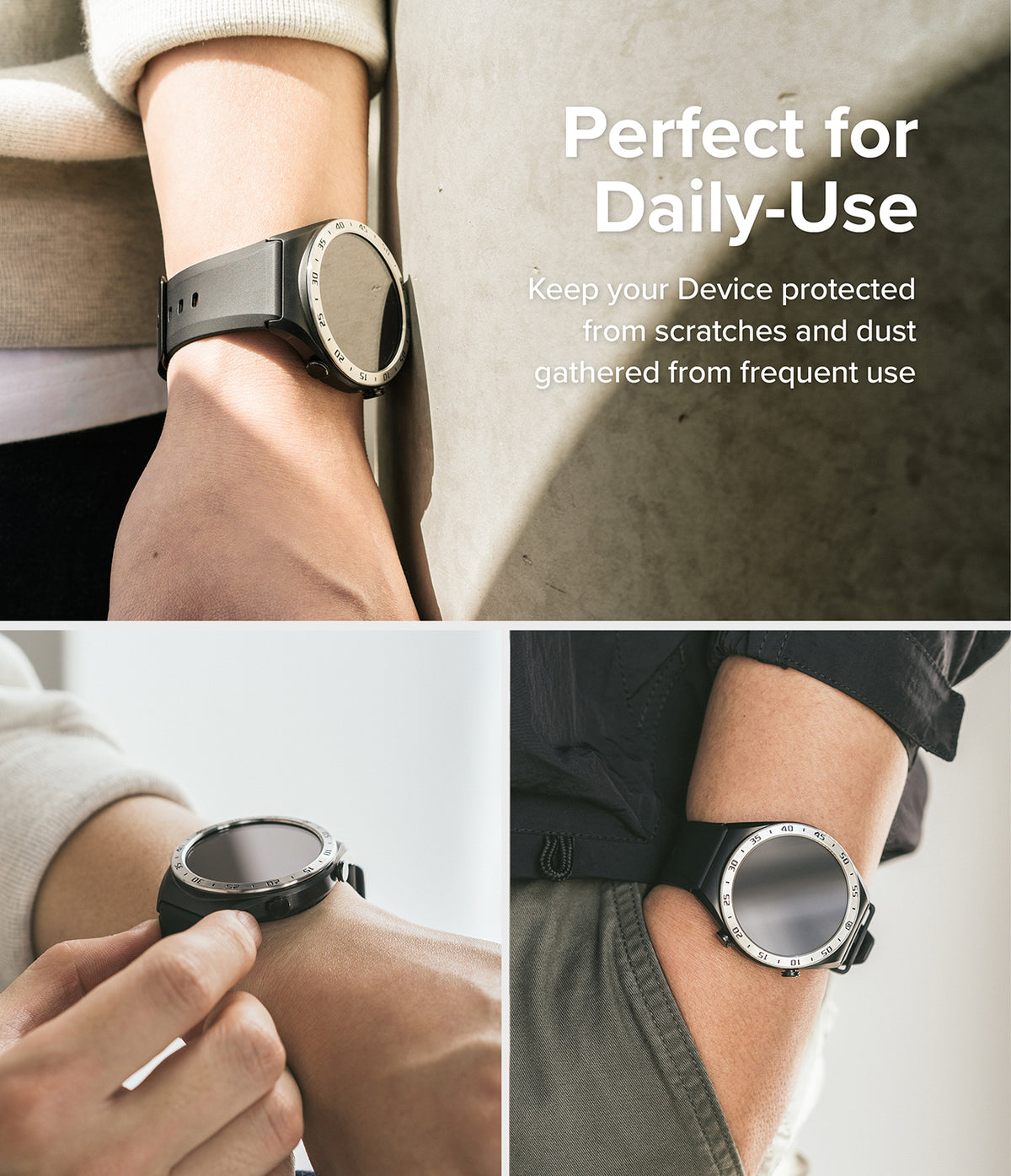 Xiaomi Watch S1 (46mm) 46-01 (ST) Silver - Three views of a silver smartwatch with a black band worn on a wrist.