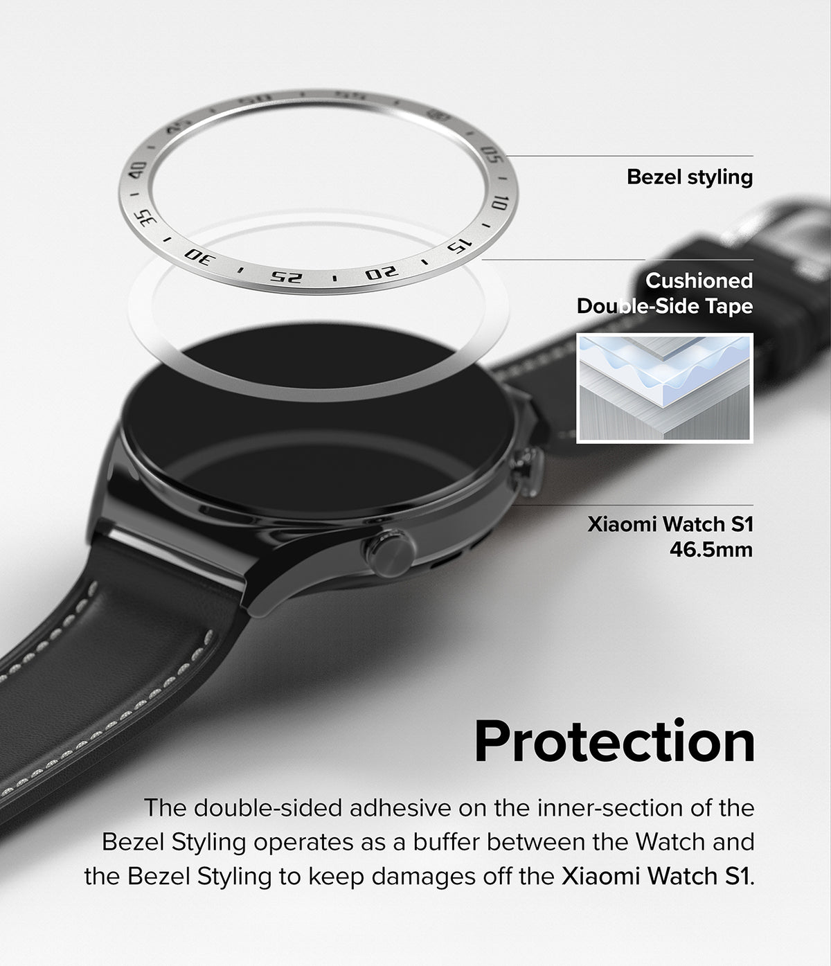 Xiaomi Watch S1 (46mm) 46-01 (ST) Silver - Exploded view of a silver watch bezel, adhesive tape, and smartwatch.