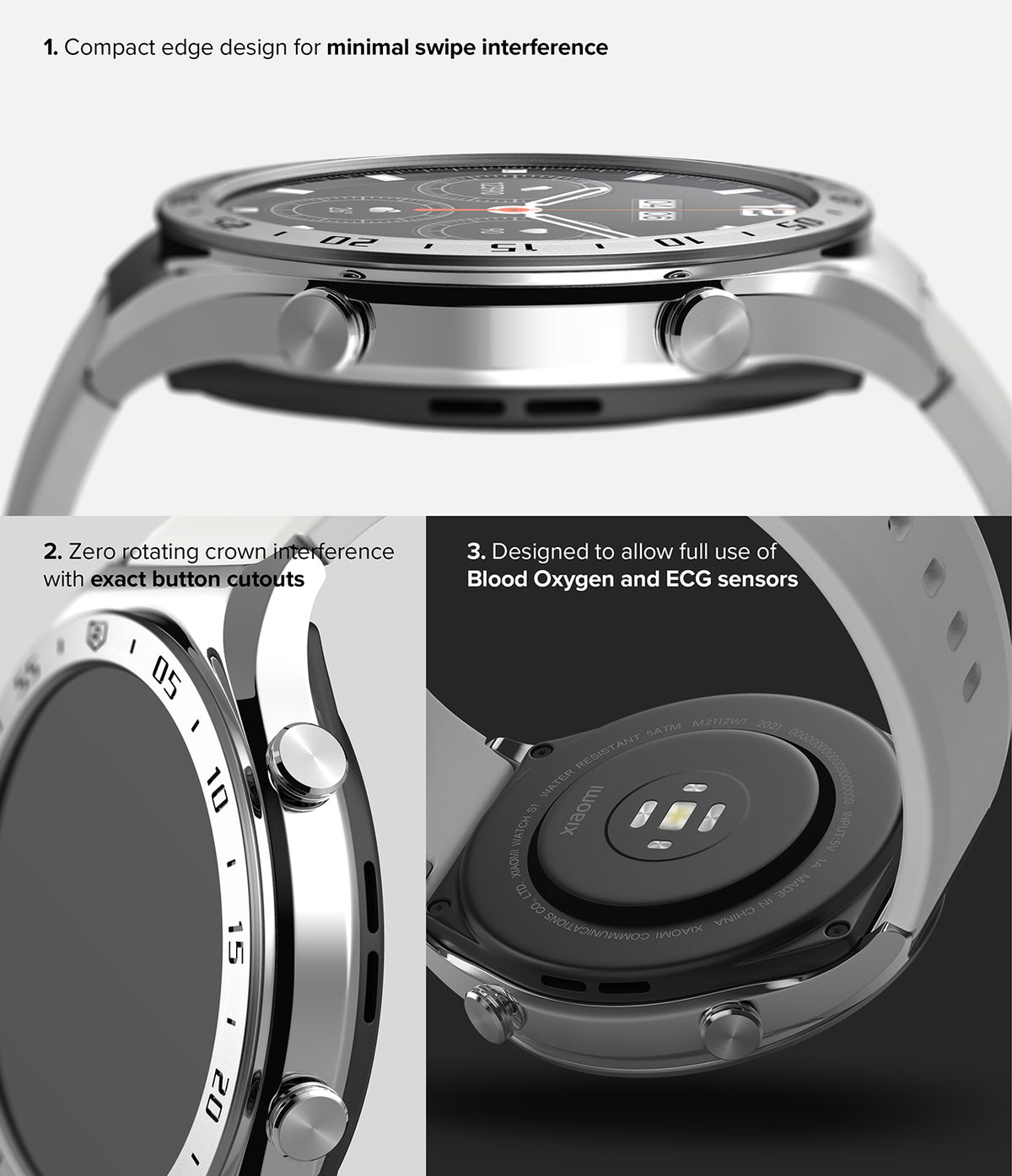 Xiaomi Watch S1 (46mm) 46-01 (ST) Silver - Close-up views of the silver watch case, side buttons, and rear health sensors.
