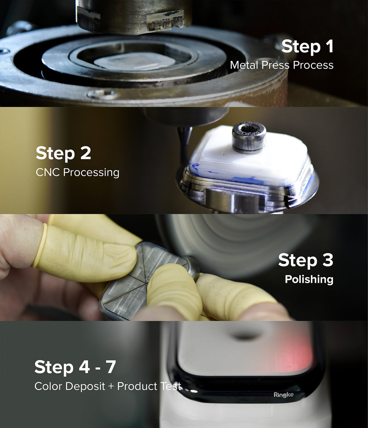 Xiaomi Watch S1 (46mm) 46-01 (ST) Silver - Four-panel collage showing manufacturing steps: metal pressing, CNC, polishing, and testing.