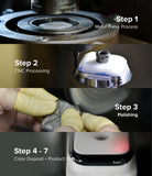 Xiaomi Watch S1 (46mm) 46-01 (ST) Silver - Four-panel collage showing manufacturing steps: metal pressing, CNC, polishing, and testing.