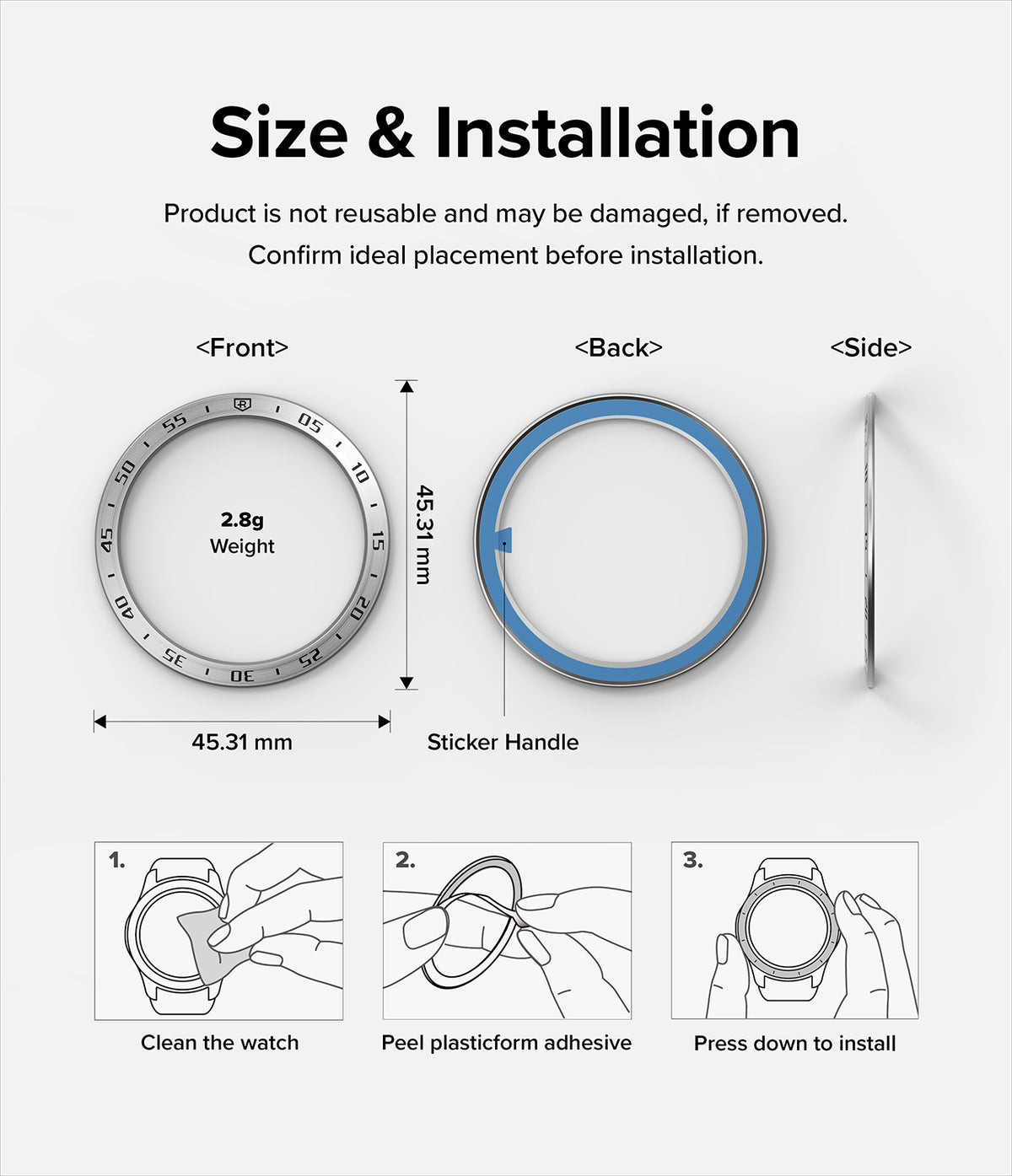 Xiaomi Watch S1 (46mm) 46-01 (ST) Silver - Technical diagram showing dimensions, weight, and installation steps for a bezel.