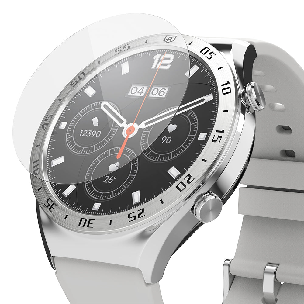 Xiaomi Watch S1 46mm | Glass for Bezel Styling [4P] - Xiaomi Watch S1 46mm | Glass for Bezel Styling - A circular tempered glass screen protector hovering over a silver smartwatch.