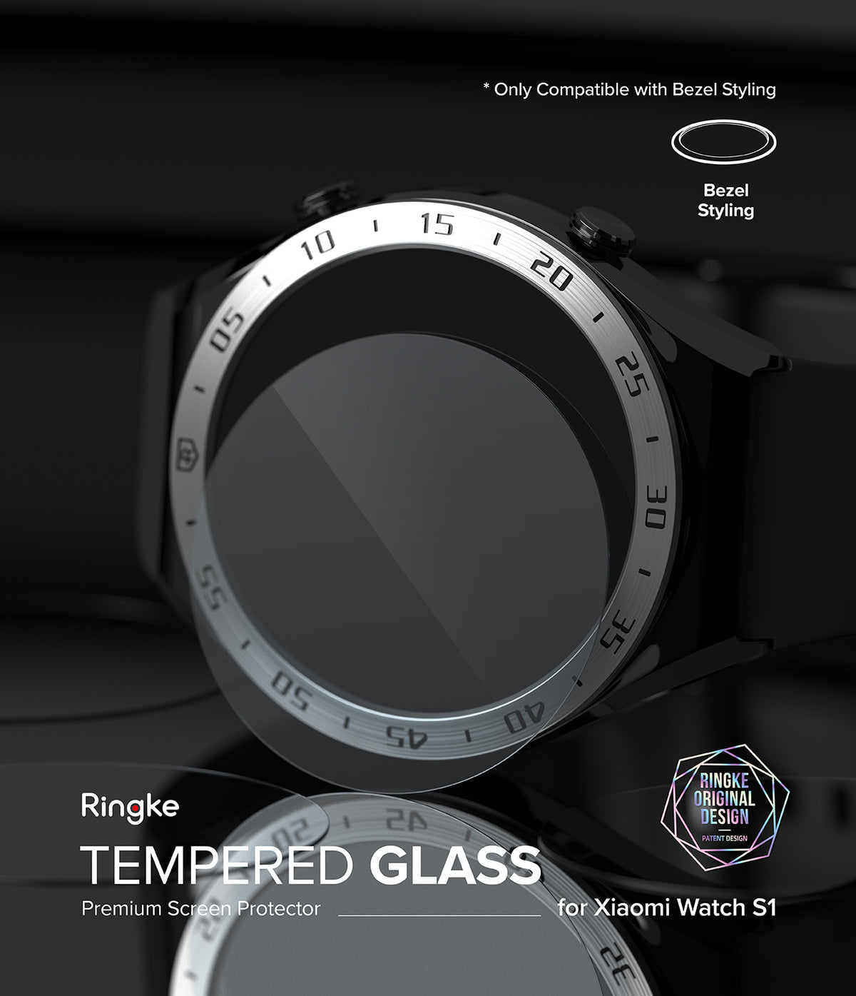 Xiaomi Watch S1 46mm | Glass for Bezel Styling [4P] - Xiaomi Watch S1 46mm | Glass for Bezel Styling - Tempered glass screen protector hovering over a black smartwatch bezel.