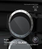 Xiaomi Watch S1 46mm | Glass for Bezel Styling [4P] - Xiaomi Watch S1 46mm | Glass for Bezel Styling - Tempered glass screen protector hovering over a black smartwatch bezel.