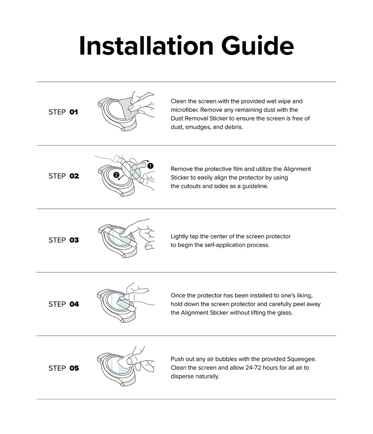 Xiaomi Watch S1 46mm | Glass for Bezel Styling [4P] - Five-step illustrated guide for applying a watch screen protector.