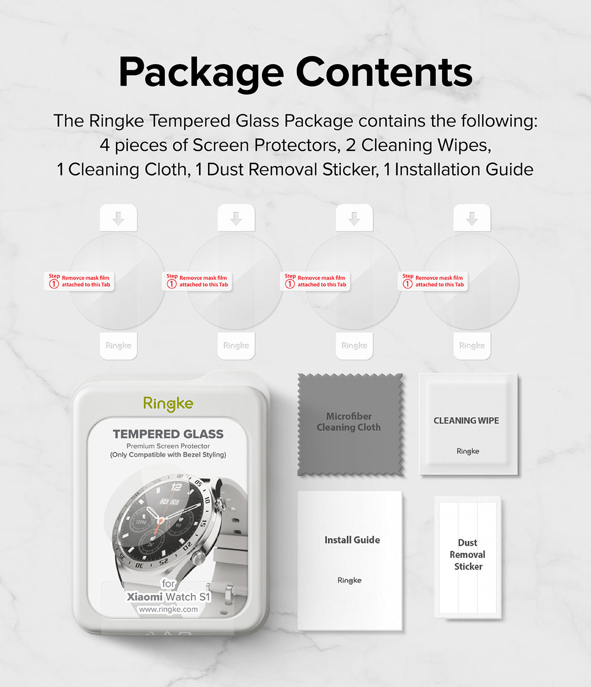 Xiaomi Watch S1 46mm | Glass for Bezel Styling [4P] - Package contents showing four screen protectors, wipes, cloth, and guide.