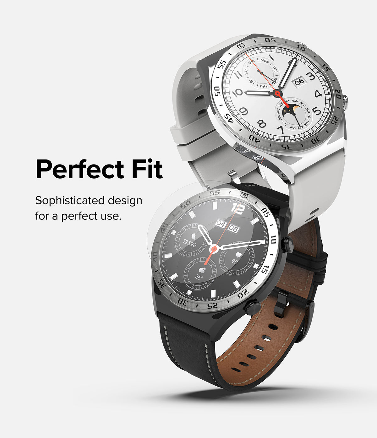 Xiaomi Watch S1 46mm | Glass for Bezel Styling [4P] - Xiaomi Watch S1 46mm - Two smartwatches with glass bezel protectors, one white and one black, floating against a white background.