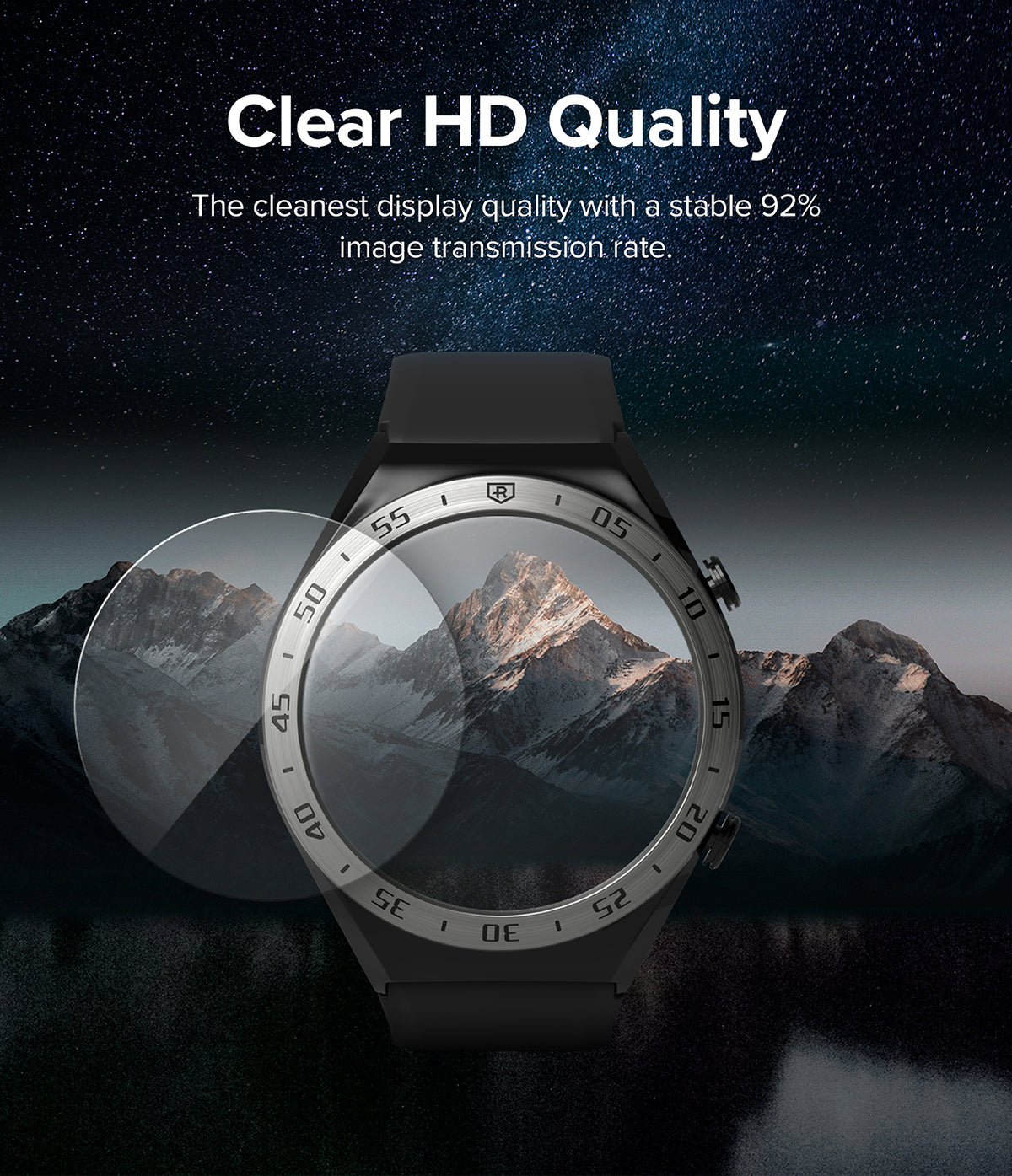 Xiaomi Watch S1 46mm | Glass for Bezel Styling [4P] - Xiaomi Watch S1 46mm - A screen protector hovering over a smartwatch bezel against a mountain and starry night background.