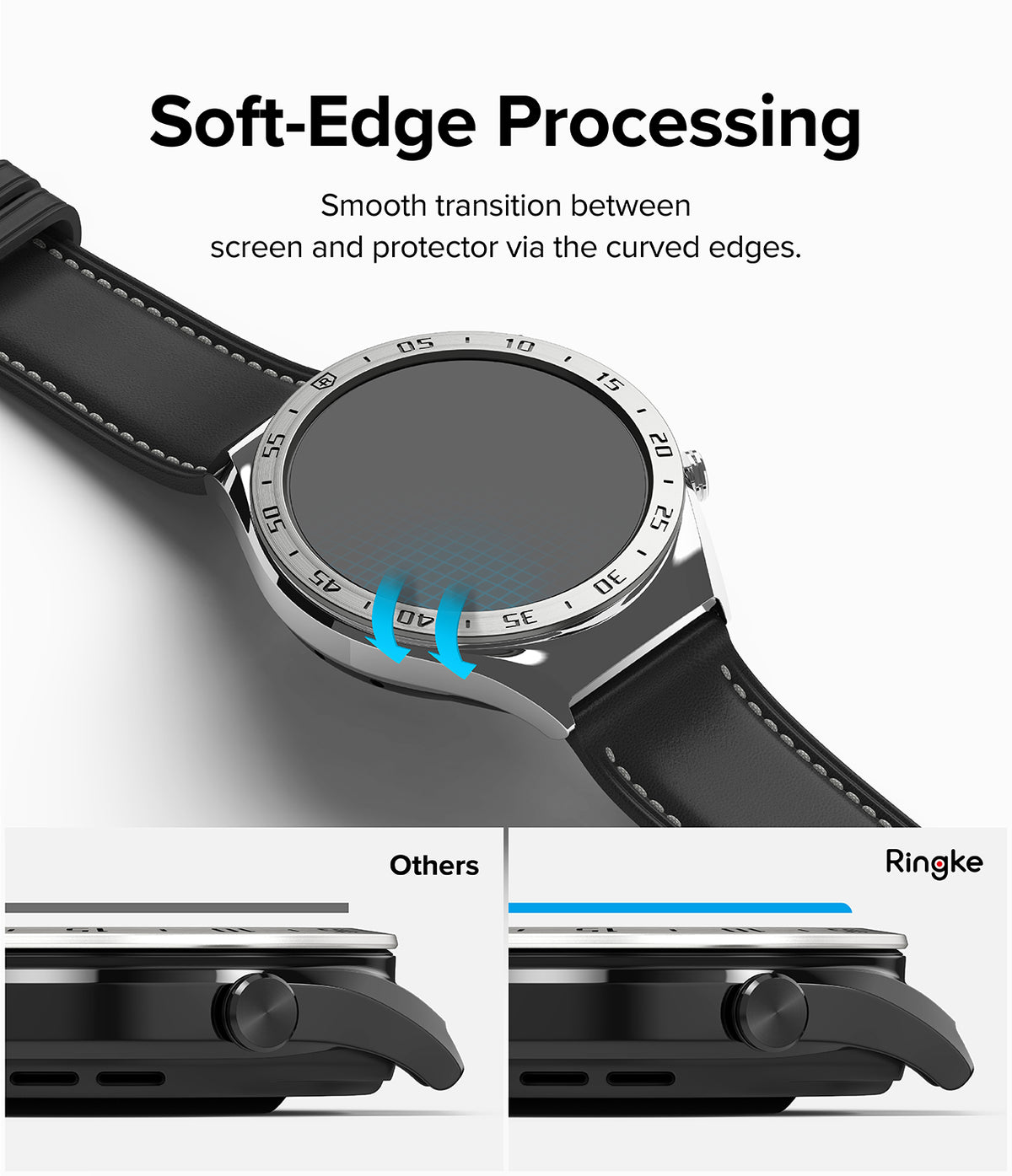 Xiaomi Watch S1 46mm | Glass for Bezel Styling [4P] - Xiaomi Watch S1 46mm - Comparison showing curved edges of Ringke screen protector versus flat edges of other brands.