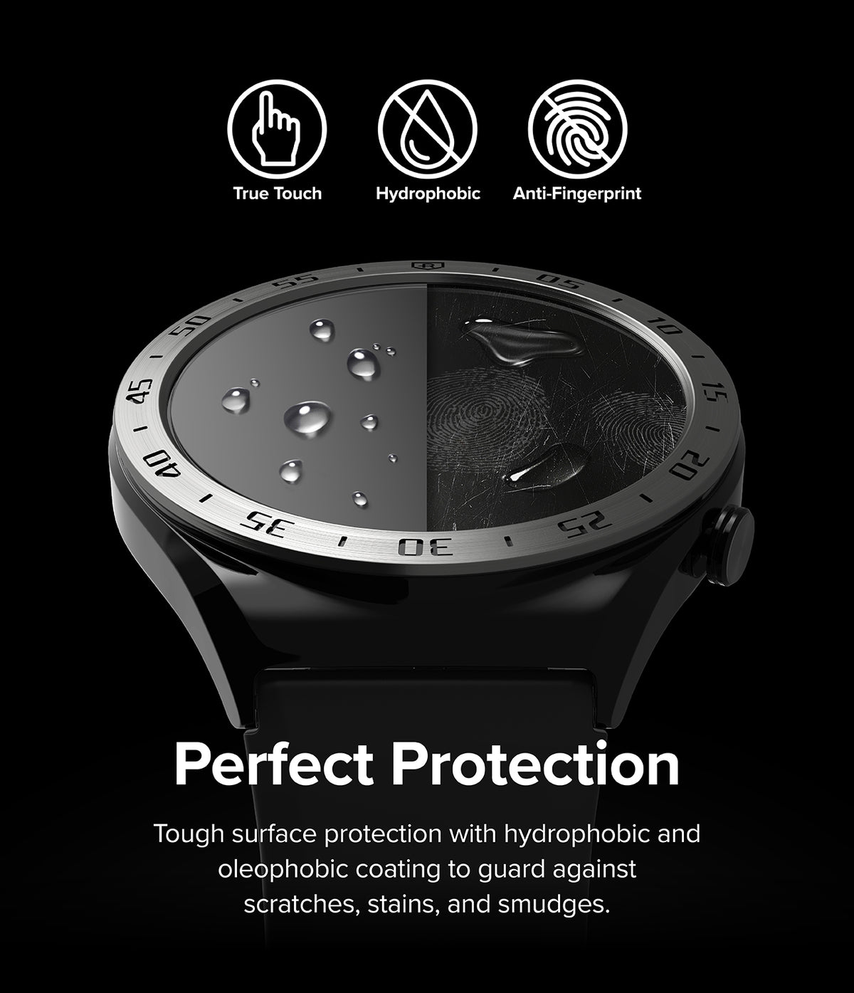 Xiaomi Watch S1 46mm | Glass for Bezel Styling [4P] - Xiaomi Watch S1 46mm - Split screen showing water-repellent glass versus smudged glass with icons for touch and protection.