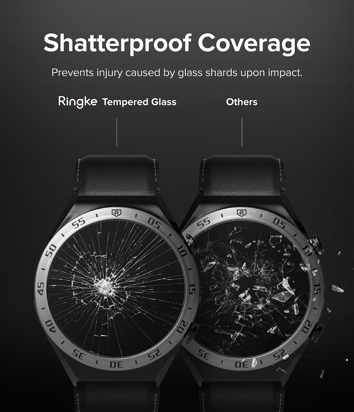 Xiaomi Watch S1 46mm | Glass for Bezel Styling [4P] - Xiaomi Watch S1 46mm - Comparison showing Ringke tempered glass holding together versus shattered glass on another watch.