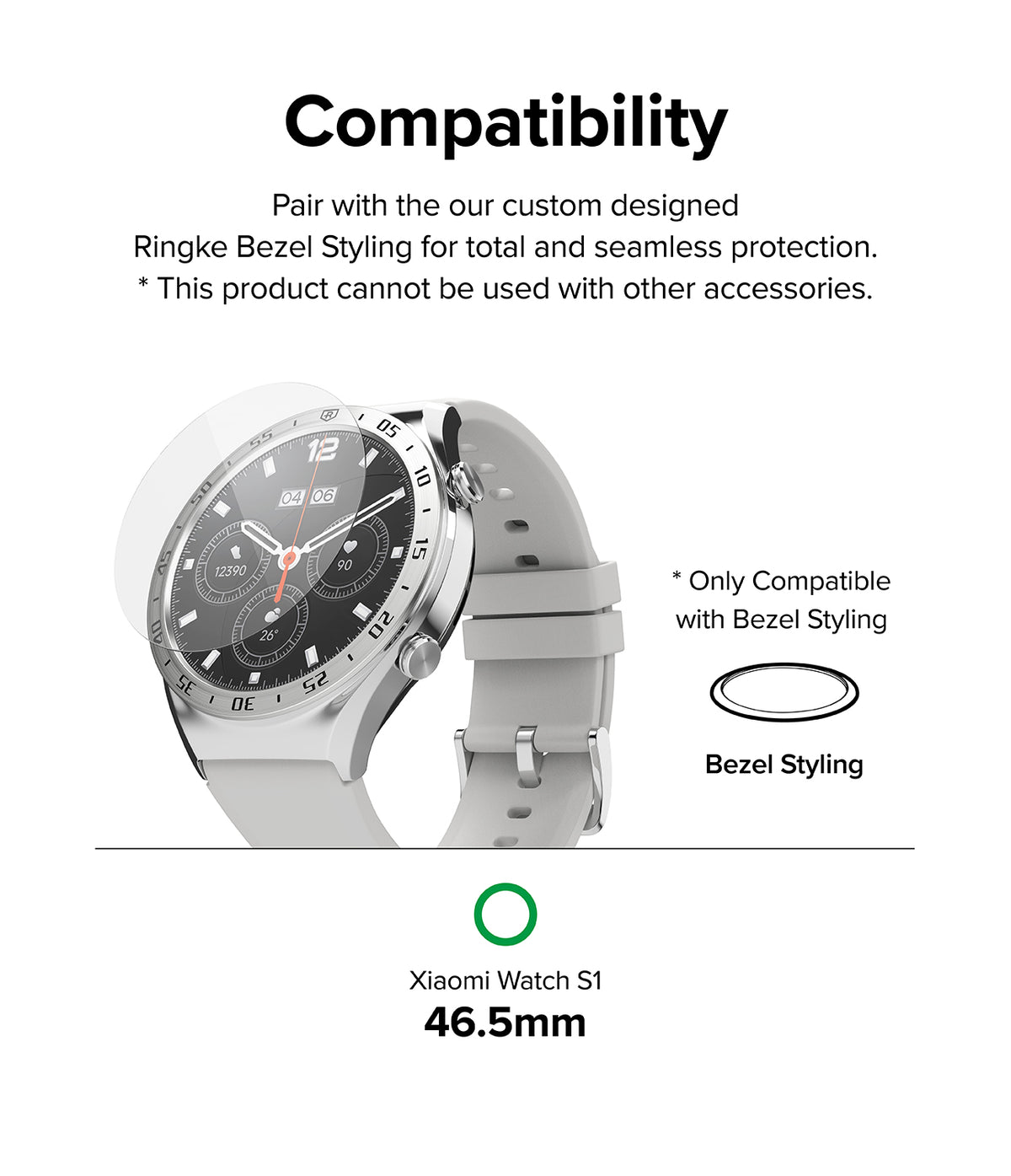 Xiaomi Watch S1 46mm | Glass for Bezel Styling [4P] - Xiaomi Watch S1 46mm | Glass for Bezel Styling - Glass screen protector hovering over a silver smartwatch with a grey band.