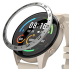 Xiaomi Mi Watch 46mm | Bezel Styling 46-01 - Xiaomi Mi Watch 46mm - Silver metal bezel ring hovering above a beige smartwatch with a digital display.