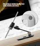 Iron Tablet Stand - Adjustable black stand holding a tablet with a circular inset showing the non-slip rubber base pad.