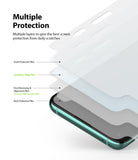 OnePlus 8T / 8T Plus 5G Screen Protector | Dual Easy Film - OnePlus 8T / 8T Plus 5G Screen Protector - Exploded view showing four layers of protective film above a smartphone screen.