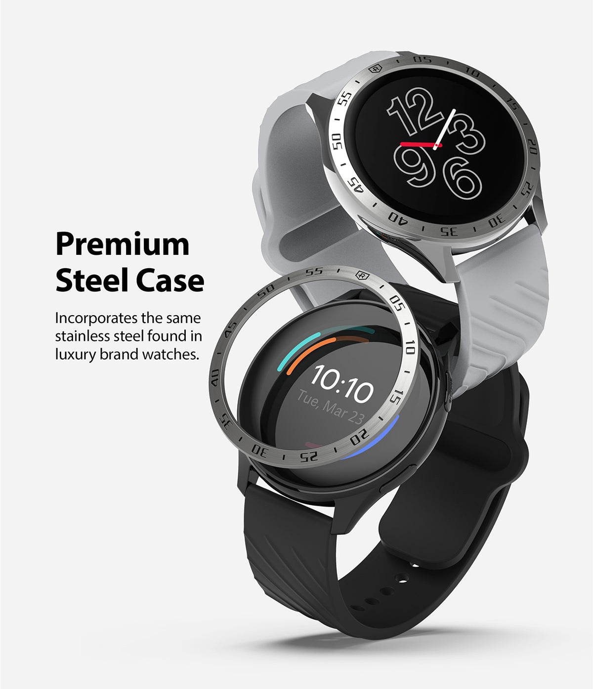 OnePlus Watch 46mm | Bezel Styling - Two smartwatches with stainless steel bezels stacked vertically against a white background.
