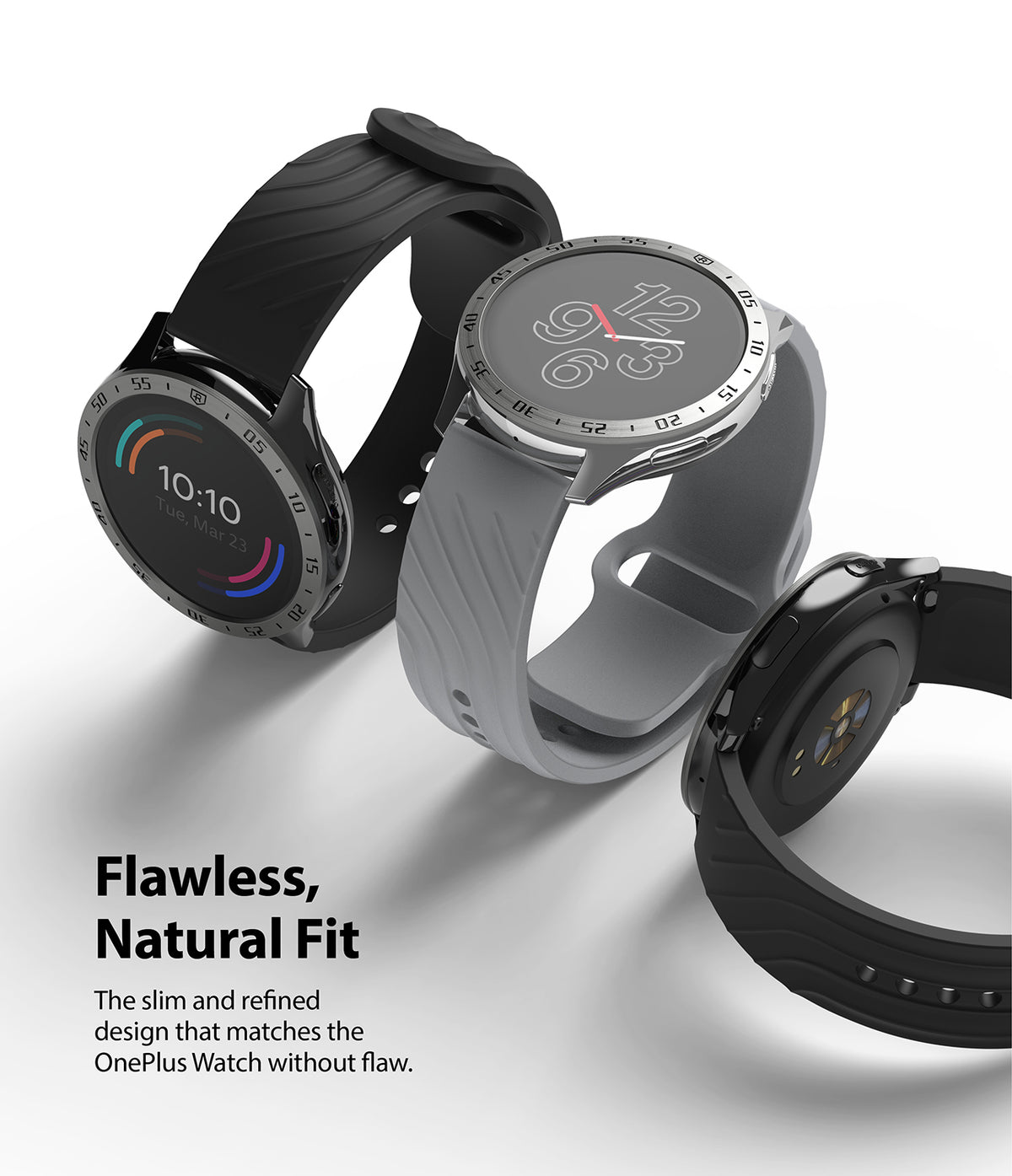 OnePlus Watch 46mm | Bezel Styling - Three OnePlus smartwatches with textured bands displayed from different angles.