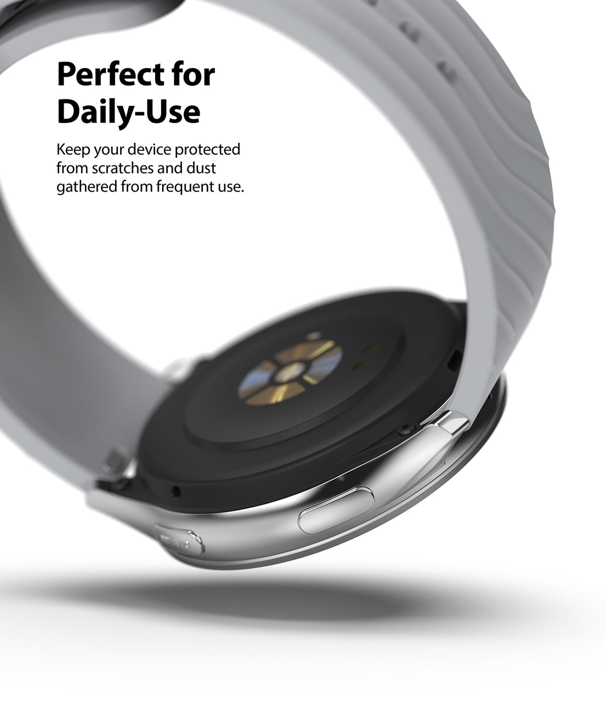 OnePlus Watch 46mm | Bezel Styling - OnePlus Watch 46mm - Underside view of a silver smartwatch with a grey band and protective bezel styling.