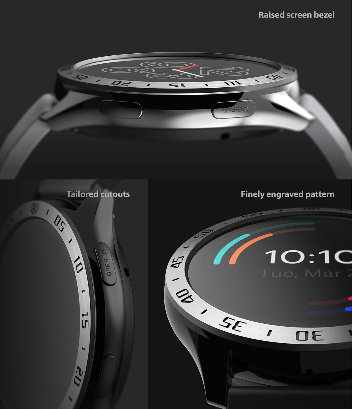 OnePlus Watch 46mm | Bezel Styling - Close-up views of the watch showing the raised bezel, side cutouts, and engraved markings.