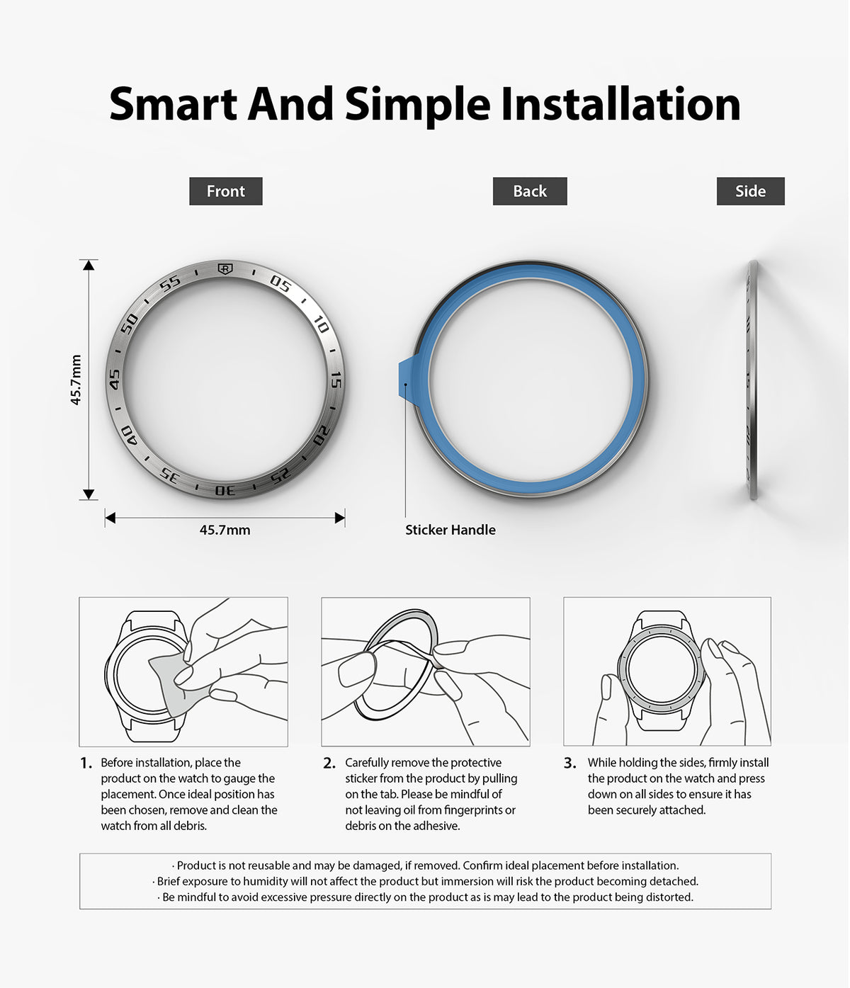 OnePlus Watch 46mm | Bezel Styling - Three-view diagram showing bezel dimensions, adhesive backing, and installation steps.