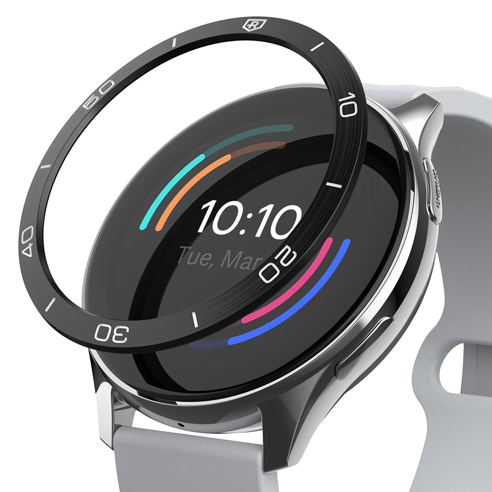OnePlus Watch 46mm | Bezel Styling 46-02 - A black, numbered watch bezel hovering above a silver smartwatch with a white band.