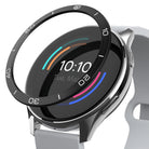 OnePlus Watch 46mm | Bezel Styling 46-02 - A black, numbered watch bezel hovering above a silver smartwatch with a white band.