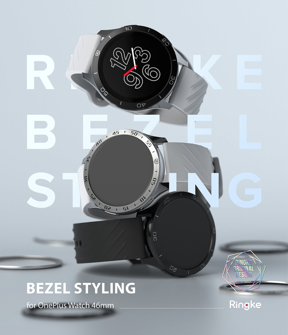 OnePlus Watch 46mm | Bezel Styling 46-02 - Three OnePlus watches stacked vertically, each featuring different Ringke bezel styles.