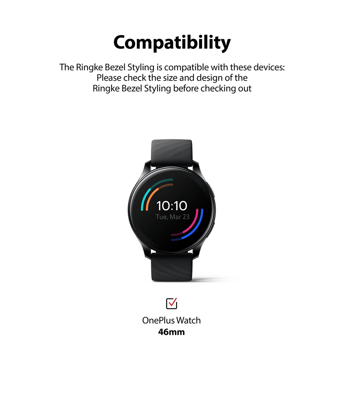 OnePlus Watch 46mm | Bezel Styling 46-02 - OnePlus Watch 46mm - Black smartwatch with a colorful digital watch face and a checkmark icon indicating device compatibility.