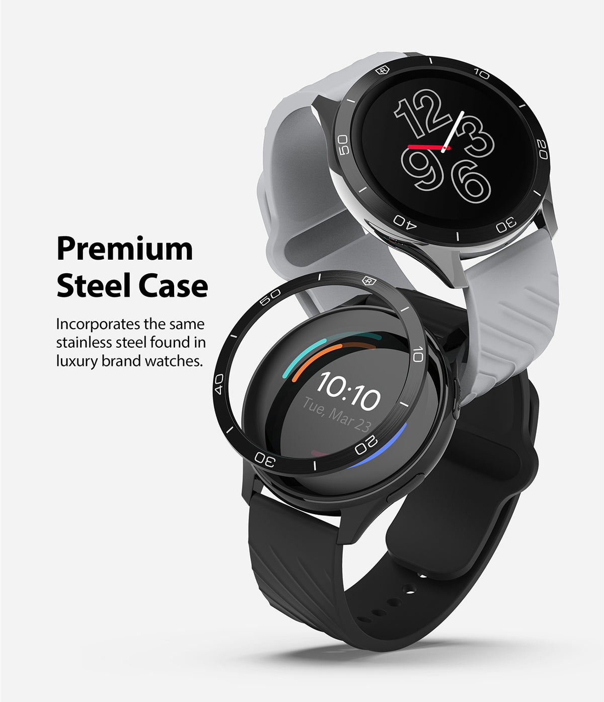 OnePlus Watch 46mm | Bezel Styling 46-02 - Two smartwatches with stainless steel cases and silicone bands stacked vertically.