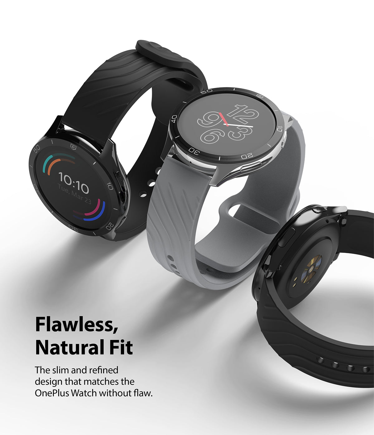 OnePlus Watch 46mm | Bezel Styling 46-02 - Three OnePlus smartwatches with textured bands displayed at different angles.