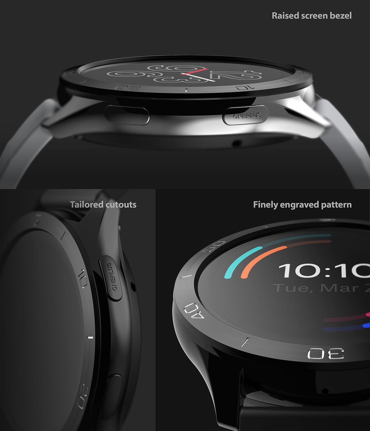 OnePlus Watch 46mm | Bezel Styling 46-02 - OnePlus Watch 46mm - Close-up views of the watch showing a raised screen bezel, tailored button cutouts, and engraved dial.