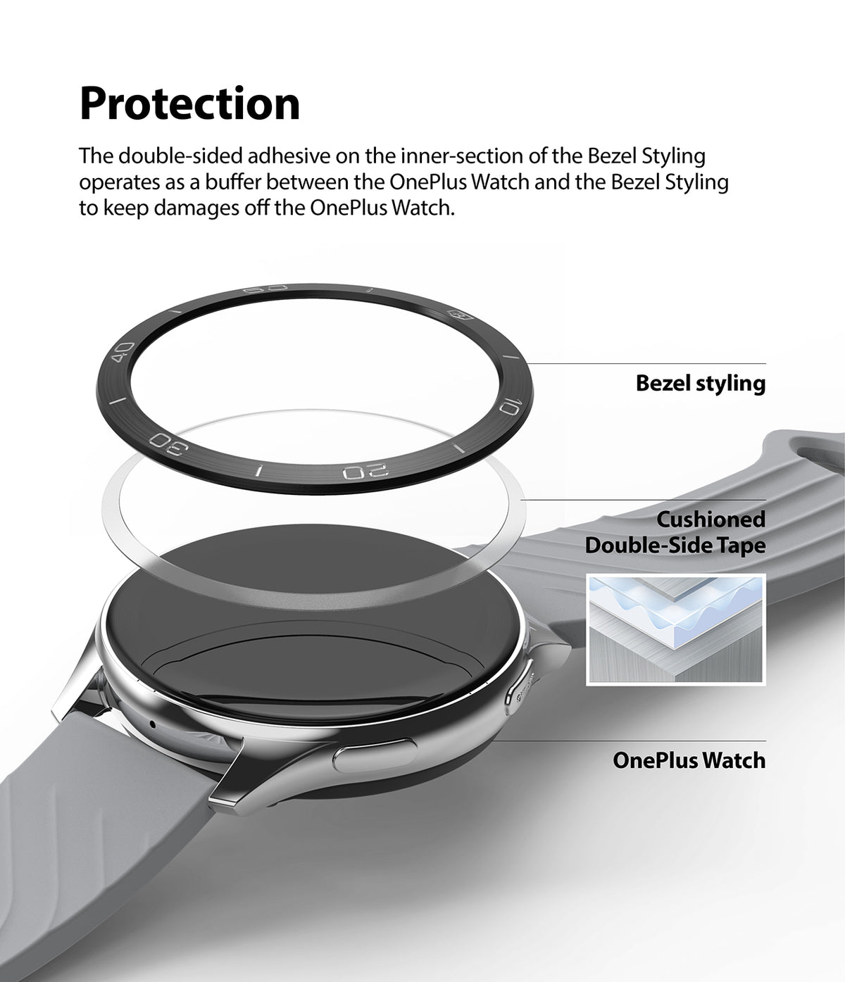 OnePlus Watch 46mm | Bezel Styling 46-02 - Exploded view showing bezel, adhesive tape, and watch with protective layers.
