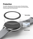 OnePlus Watch 46mm | Bezel Styling 46-02 - Exploded view showing bezel, adhesive tape, and watch with protective layers.