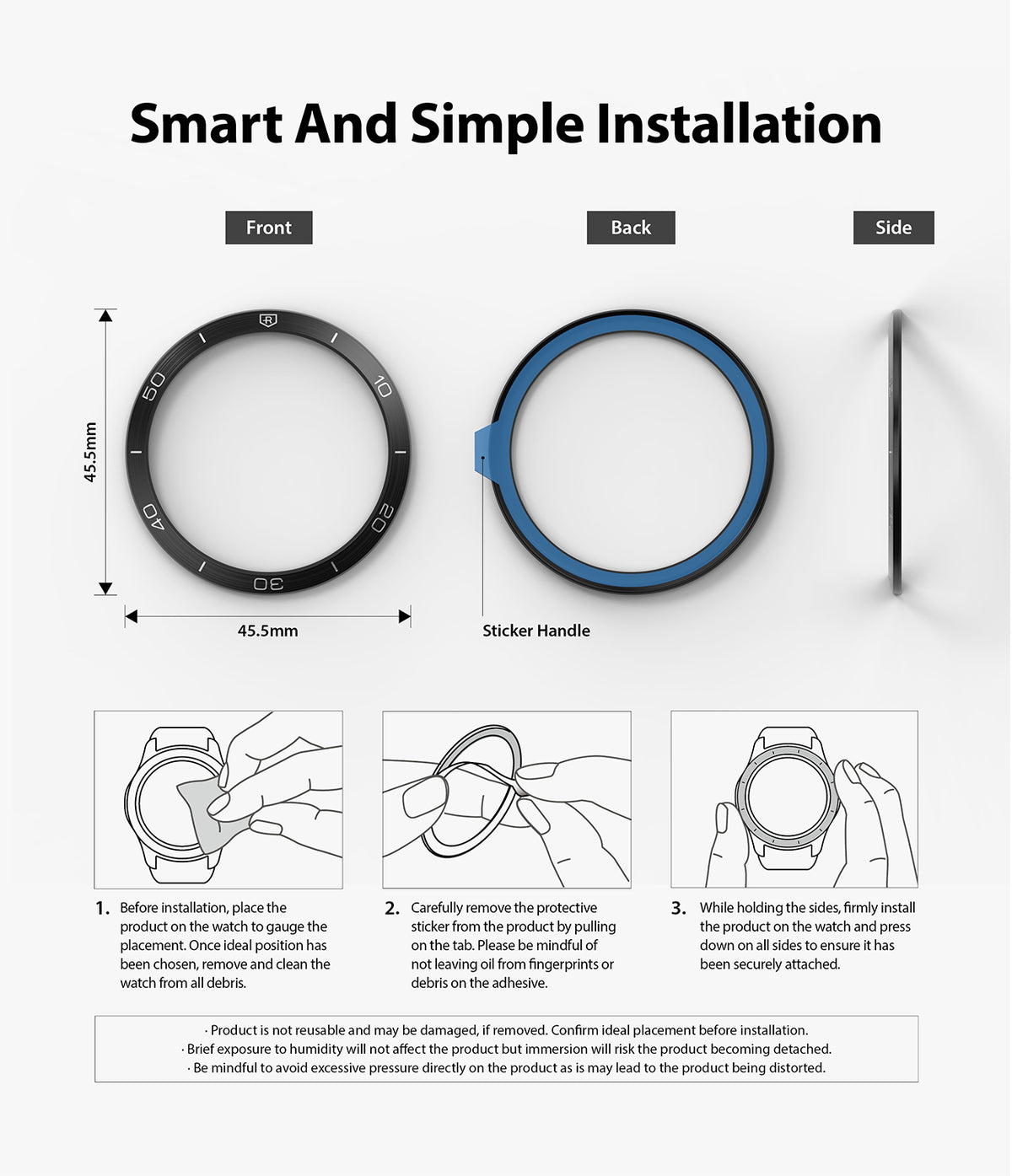 OnePlus Watch 46mm | Bezel Styling 46-02 - Diagram showing bezel dimensions, adhesive backing, and three-step installation.