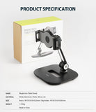 Iron Tablet Stand - A black adjustable metal tablet stand positioned in front of its product packaging box.