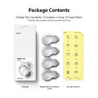 AirTag Case | Slim [4 Pack] - Clear - Retail box, four clear AirTag cases with carabiners, and a sheet of icon stickers.