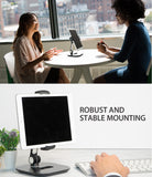 Iron Tablet Stand - Two women discuss at a table with a tablet stand, and a close-up shows the stand holding a tablet.