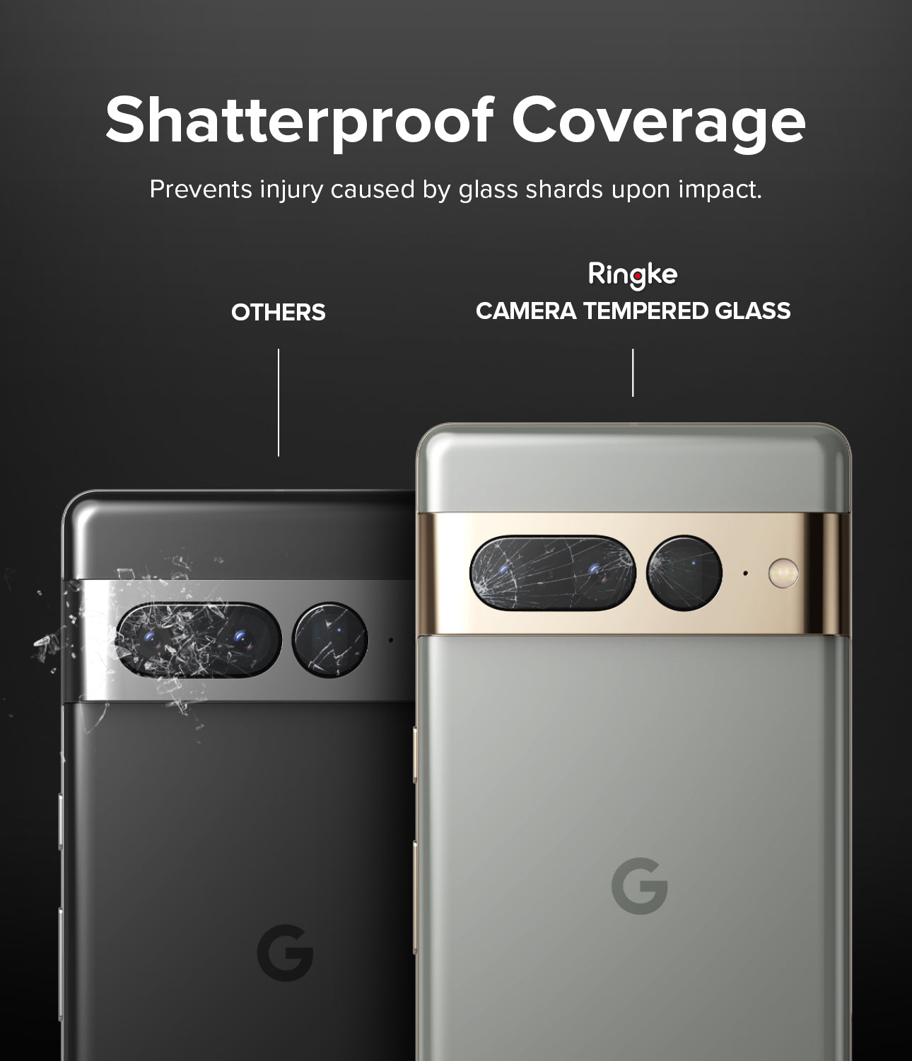 Google Pixel 7 Pro | Camera Protector Glass [3 Pack] - Google Pixel 7 Pro Camera Protector Glass - Comparison showing shattered standard glass versus intact Ringke glass.