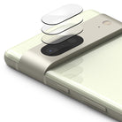Google Pixel 7 | Camera Protector Glass [3 Pack] - Three transparent glass protectors hovering above a phone camera bar.
