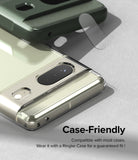 Google Pixel 7 | Camera Protector Glass [3 Pack] - Clear glass protector hovering over a phone camera bar with a case.