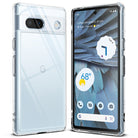 Google Pixel 7a Case | Fusion - Clear - Front and back views of a clear phone case on a Google Pixel 7a smartphone.