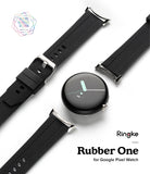 Google Pixel Watch | Rubber One Band - Black ribbed rubber watch band with silver buckle and connectors for Google Pixel Watch.