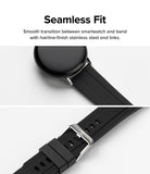 Google Pixel Watch | Rubber One Band - Close-up of a black smartwatch with a ribbed rubber strap and stainless steel buckle.