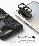 Redmi Note 11S | Camera Styling - Black camera lens protector being applied to a smartphone with a clear, glittery case.