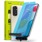 Redmi Note 11 / 11S Screen Protector [2P] | Invisible Defender - Smartphone with blue-tinted glass protector and box.