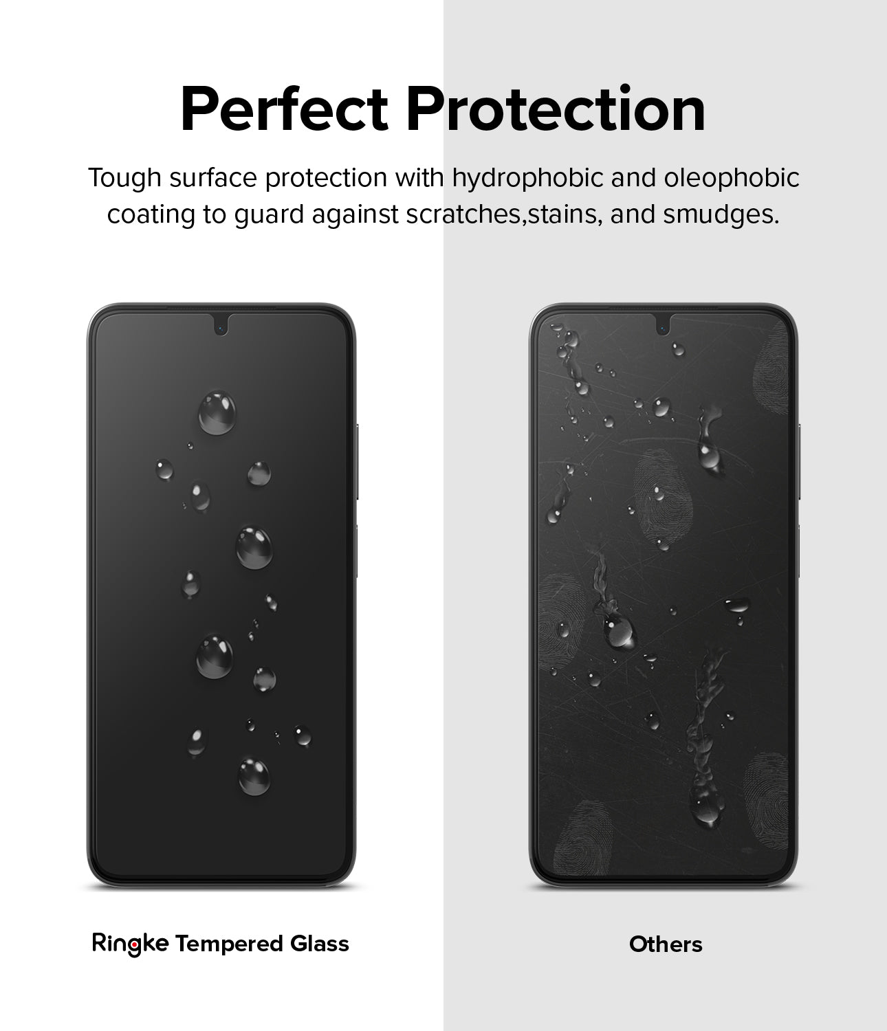 Redmi Note 11 / 11S Screen Protector [2P] | Invisible Defender - Redmi Note 11 / 11S Screen Protector - Comparison showing water beading on Ringke glass versus smudges on standard glass.