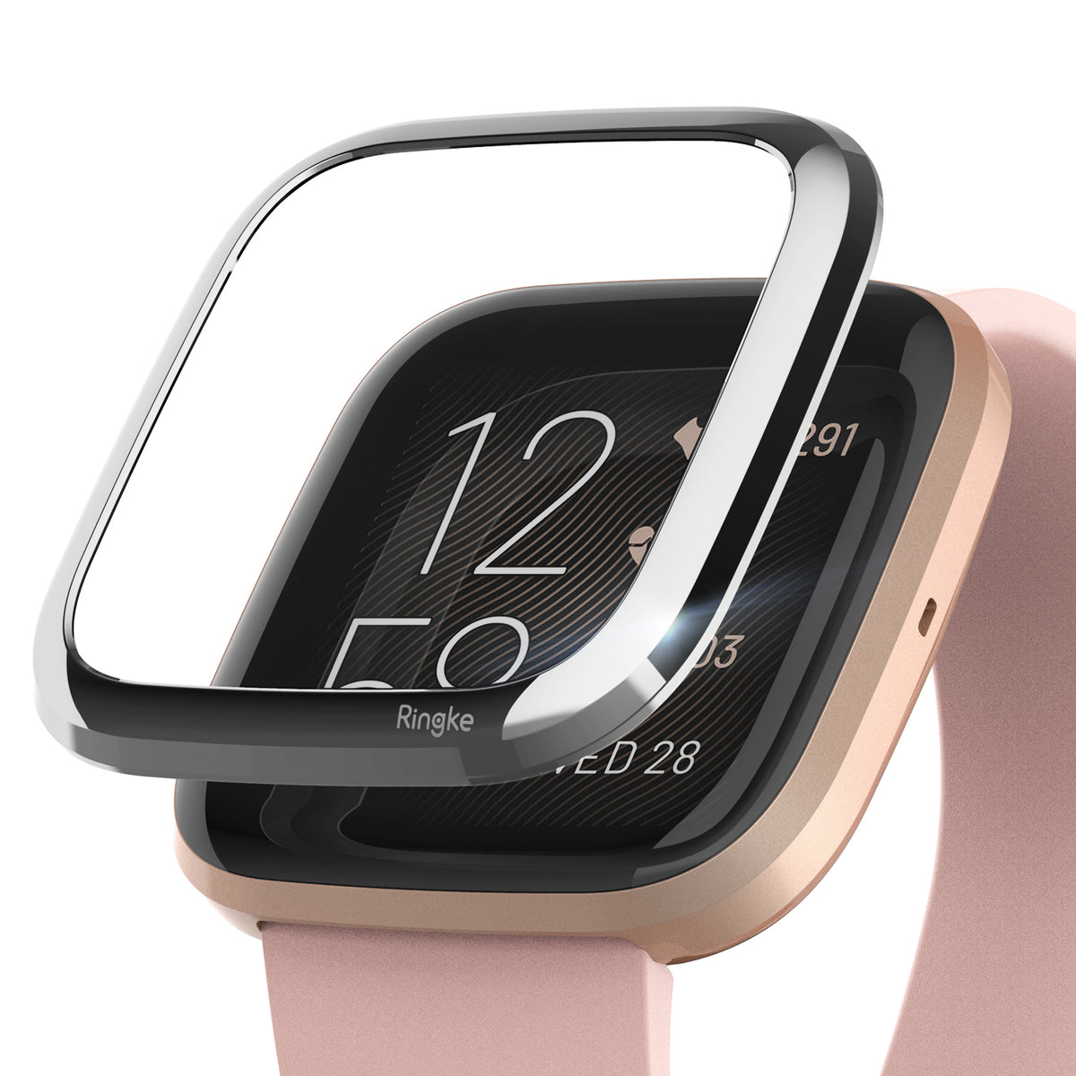 Fitbit Versa 2 | Bezel Styling 01 - A metallic silver Ringke bezel accessory hovering above a rose gold Fitbit Versa 2 smartwatch.